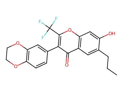 3-(2,3-dihydrobenzo[b][1,4]dioxin-6-yl)-7-hydroxy-6-propyl-2-(trifluoromethyl)-4H-chromen-4-one structure
