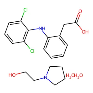 2-[2-(2,6-Dichloroanilino)phenyl]acetic acid;2-pyrrolidin-1-ylethanol;dihydrate structure