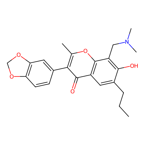 3-(benzo[d][1,3]dioxol-5-yl)-8-((dimethylamino)methyl)-7-hydroxy-2-methyl-6-propyl-4H-chromen-4-one structure