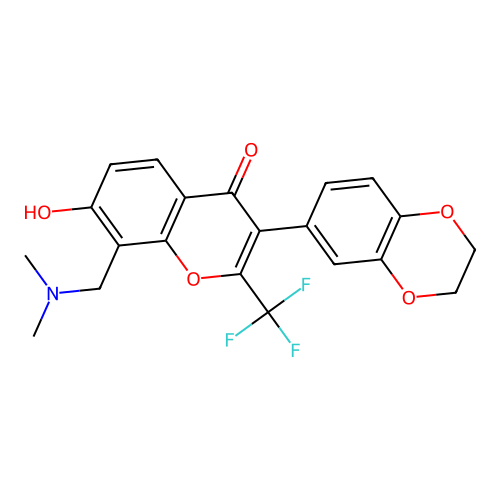 3-(2,3-dihydro-1,4-benzodioxin-6-yl)-8-(dimethylaminomethyl)-7-hydroxy-2-(trifluoromethyl)chromen-4-one structure