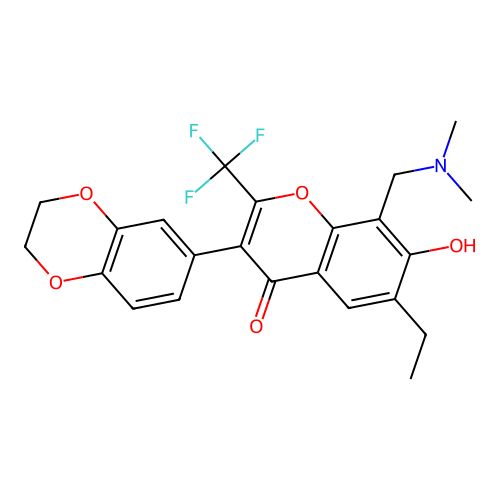 3-(2,3-dihydro-1,4-benzodioxin-6-yl)-8-(dimethylaminomethyl)-6-ethyl-7-hydroxy-2-(trifluoromethyl)chromen-4-one structure