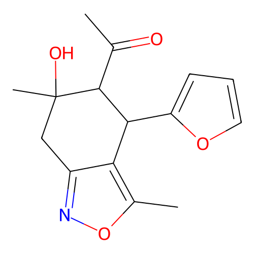 1-[4-(furan-2-yl)-6-hydroxy-3,6-dimethyl-4,5,6,7-tetrahydro-2,1-benzoxazol-5-yl]ethanone structure