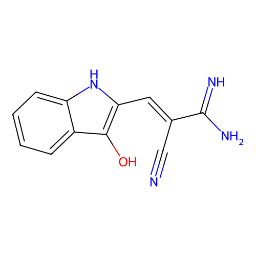2-cyano-3-(3-hydroxy-1H-indol-2-yl)prop-2-enimidamide structure