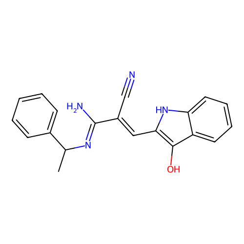 2-cyano-3-(3-hydroxy-1H-indol-2-yl)-N'-(1-phenylethyl)prop-2-enimidamide structure