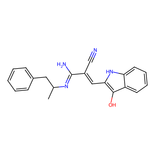 2-cyano-3-(3-hydroxy-1H-indol-2-yl)-N'-(1-phenylpropan-2-yl)prop-2-enimidamide structure