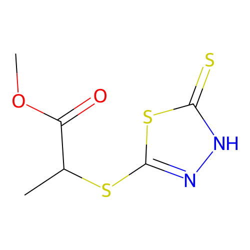 2-[(2-sulfanylidene-3H-1,3,4-thiadiazol-5-yl)thio]propanoic acid methyl ester structure