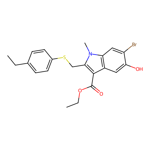 ethyl 6-bromo-2-(((4-ethylphenyl)thio)methyl)-5-hydroxy-1-methyl-1H-indole-3-carboxylate structure