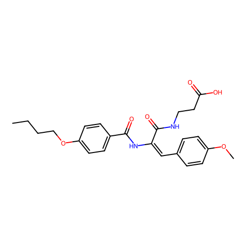 (E)-3-(2-(4-butoxybenzamido)-3-(4-methoxyphenyl)acrylamido)propanoic acid structure
