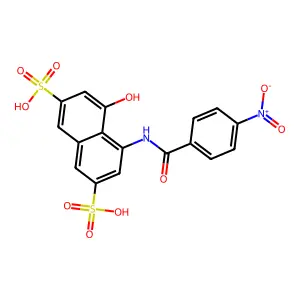 4-Hydroxy-5-[(4-nitrobenzoyl)amino]naphthalene-2,7-disulfonic acid structure