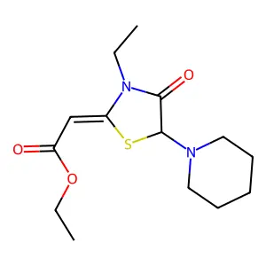 Ethyl 2-(3-ethyl-4-oxo-5-piperidin-1-yl-1,3-thiazolidin-2-ylidene)acetate structure