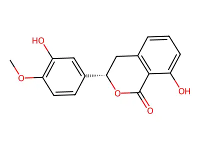 3,4-dihydro-8-hydroxy-3-(3-hydroxy-4-methoxyphenyl) 1H-2-benzopyran-1-one structure