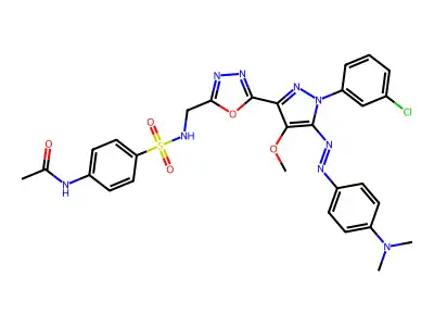 N-[4-[[5-[1-(3-chlorophenyl)-5-[[4-(dimethylamino)phenyl]diazenyl]-4-methoxypyrazol-3-yl]-1,3,4-oxadiazol-2-yl]methylsulfamoyl]phenyl]acetamide structure