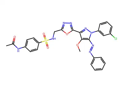 N-[4-[[5-[1-(3-chlorophenyl)-4-methoxy-5-phenyldiazenylpyrazol-3-yl]-1,3,4-oxadiazol-2-yl]methylsulfamoyl]phenyl]acetamide structure