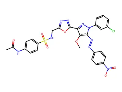 N-[4-[[5-[1-(3-chlorophenyl)-4-methoxy-5-[(4-nitrophenyl)diazenyl]pyrazol-3-yl]-1,3,4-oxadiazol-2-yl]methylsulfamoyl]phenyl]acetamide structure