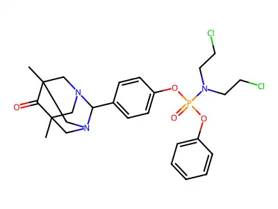 Phosphoramidic acid, bis(2-chloroethyl)-, 4-(5,7-dimethyl-6-oxo-1,3-diazatricyclo(3.3.1.1(sup 3,7))dec-2-yl)phenyl phenyl ester structure