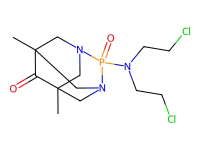 2-Bis(2-chloroethyl)amino-5,7-dimethyl-2,6-dioxo-1,3-diaza-2-phosphaadamantane structure