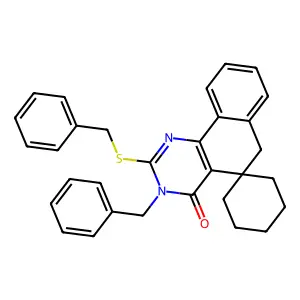 Spiro(benzo(h)quinazoline-5(3H),1'-cyclohexan)-4(6H)-one, 3-(phenylmethyl)-2-((phenylmethyl)thio)- structure