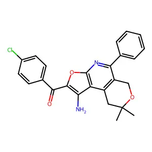 (1-amino-8,8-dimethyl-5-phenyl-8,9-dihydro-6H-furo[2,3-b]pyrano[4,3-d]pyridin-2-yl)(4-chlorophenyl)methanone structure