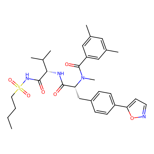 N-[(R)-1-[(S)-1-(Butane-1-sulfonylaminocarbonyl)-2-methyl-propylcarbamoyl]-2-(4-isoxazol-5-yl-phenyl)-ethyl]-3,5,N-trimethyl-benzamide structure