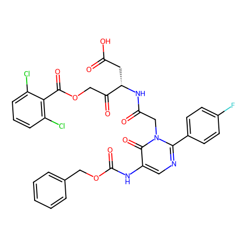 (S)-3-[[[2-(4-Fluorophenyl)-5-(benzyloxycarbonylamino)-6-oxopyrimidin-1(6H)-yl]acetyl]amino]-4-oxo-5-[(2,6-dichlorobenzoyl)oxy]valeric acid structure