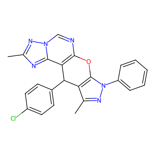 11-(4-chlorophenyl)-2,10-dimethyl-8-phenyl-8,11-dihydropyrazolo[4',3':5,6]pyrano[3,2-e][1,2,4]triazolo[1,5-c]pyrimidine structure