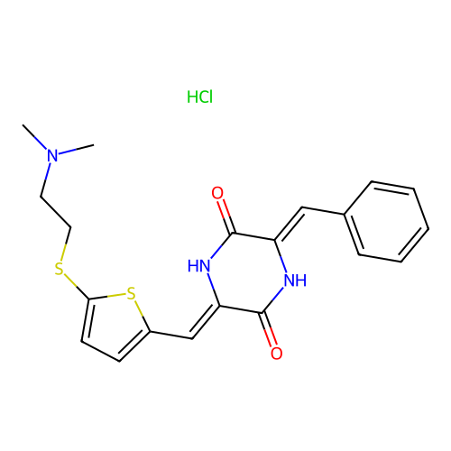 (Z)-3-((Z)-Benzylidene)-6-((5-((2-(dimethylamino)ethyl)thio)thiophen-2-yl)methylene)piperazine-2,5-dione hydrochloride structure