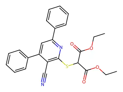 2-(3-Cyano-4,6-diphenyl-pyridin-2-ylsulfanyl)-malonic acid diethyl ester structure