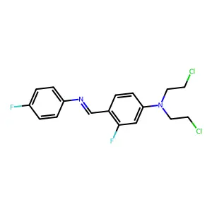N,N-bis(2-chloroethyl)-3-fluoro-4-[(4-fluorophenyl)iminomethyl]aniline structure