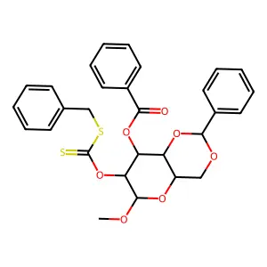 (7-benzylsulfanylcarbothioyloxy-6-methoxy-2-phenyl-4,4a,6,7,8,8a-hexahydropyrano[3,2-d][1,3]dioxin-8-yl) benzoate structure
