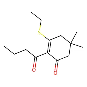 2-Butanoyl-3-ethylsulfanyl-5,5-dimethylcyclohex-2-en-1-one structure