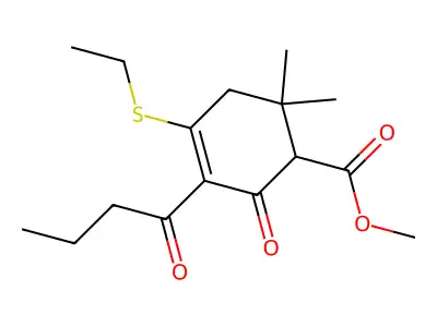 Methyl 3-butanoyl-4-ethylthio-6,6-dimethyl-2-oxocyclohex-3-enecarboxylate structure