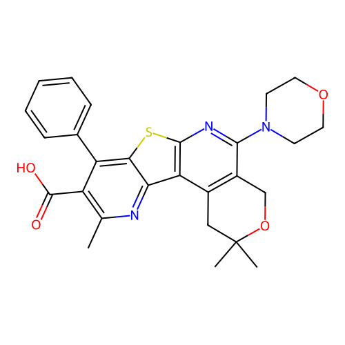 2,2,10-trimethyl-5-(morpholin-4-yl)-8-phenyl-1,4-dihydro-2H-pyrano[4,3-d]thieno[2,3-b:4,5-b']dipyridine-9-carboxylic acid structure