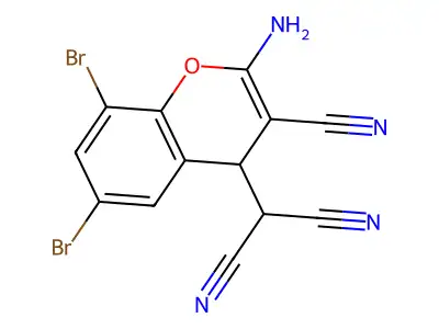 2-(2-amino-6,8-dibromo-3-cyano-4H-chromen-4-yl)malononitrile structure