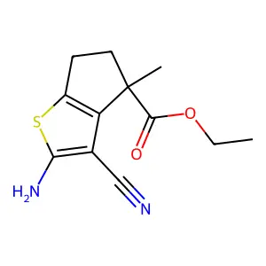 Ethyl 2-amino-3-cyano-4-methyl-5,6-dihydrocyclopenta[b]thiophene-4-carboxylate structure