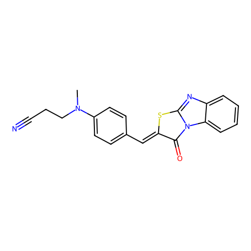3-[N-methyl-4-[(Z)-(1-oxo-[1,3]thiazolo[3,2-a]benzimidazol-2-ylidene)methyl]anilino]propanenitrile structure