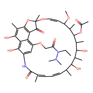 Acetic acid((1,2-dihydro-5,6,17,19,21-pentahydroxy-23-methoxy-2,4,12,16,18,20,22-heptamethyl-1,11-dioxo-2,7-(epoxypentadeca(1,11,13)trienimino)naphtho[2,1-b]furan-9-yl)oxy)-,1-ethyl-2,2-dimethylhydra structure