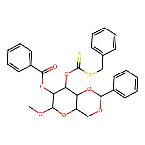 (8-benzylsulfanylcarbothioyloxy-6-methoxy-2-phenyl-4,4a,6,7,8,8a-hexahydropyrano[3,2-d][1,3]dioxin-7-yl) benzoate structure