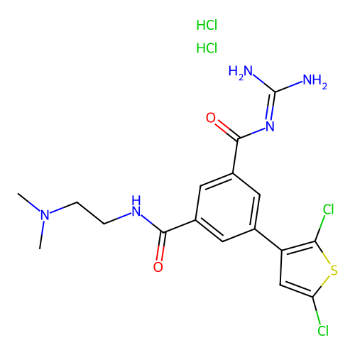 3-N-(diaminomethylidene)-5-(2,5-dichlorothiophen-3-yl)-1-N-[2-(dimethylamino)ethyl]benzene-1,3-dicarboxamide;dihydrochloride structure