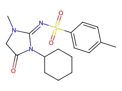N-(3-cyclohexyl-1-methyl-4-oxoimidazolidin-2-ylidene)-4-methylbenzenesulfonamide structure