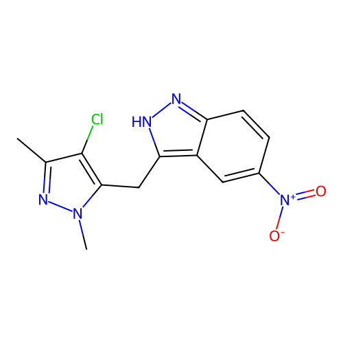 3-[(4-chloro-1,3-dimethylpyrazol-5-yl)methyl]-5-nitro-2H-indazole structure