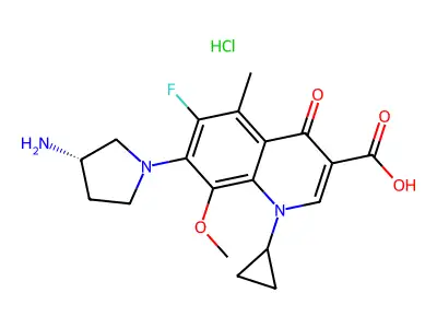 7-(3-aminopyrrolidin-1-yl)-1-cyclopropyl-6-fluoro-8-methoxy-5-methyl-4-oxoquinoline-3-carboxylic acid hydrochloride structure