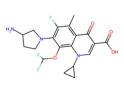 7-(3-aminopyrrolidin-1-yl)-1-cyclopropyl-8-(difluoromethoxy)-6-fluoro-5-methyl-4-oxoquinoline-3-carboxylic acid structure