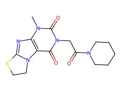 Piperidine, 1-((1,4,6,7-tetrahydro-1-methyl-2,4-dioxothiazolo(2,3-f)purin-3(2H)-yl)acetyl)- structure