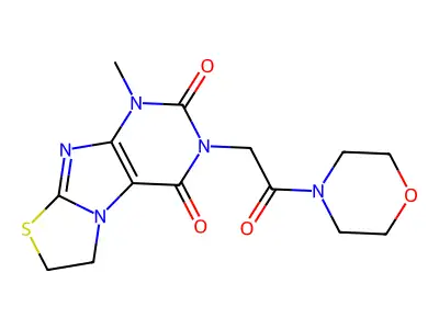 Morpholine, 4-((1,4,6,7-tetrahydro-1-methyl-2,4-dioxothiazolo(2,3-f)purin-3(2H)-yl)acetyl)- structure