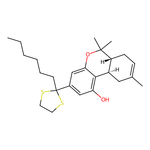 6H-Dibenzo(b,d)pyran-1-ol, 3-(2-hexyl-1,3-dithiolan-2-yl)-6a,7,10,10a-tetrahydro-6,6,9-trimethyl-, (6ar-trans)- structure