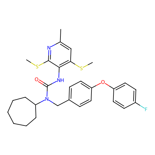 Urea, N-cycloheptyl-N-((4-(4-fluorophenoxy)phenyl)methyl)-N'-(6-methyl-2,4-bis(methylthio)-3-pyridinyl)- structure