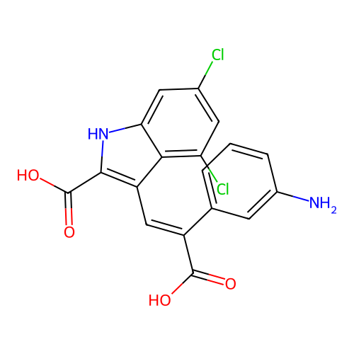 1H-Indole-2-carboxylic acid, 3-((1E)-2-(3-aminophenyl)-2-carboxyethenyl)-4,6-dichloro- structure
