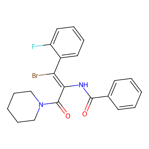 N-[1-bromo-1-(2-fluorophenyl)-3-oxo-3-piperidin-1-ylprop-1-en-2-yl]benzamide structure