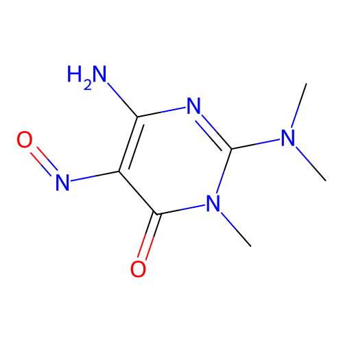 6-amino-2-(dimethylamino)-3-methyl-5-nitrosopyrimidin-4(3H)-one structure