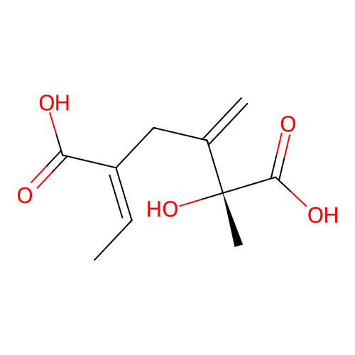(2R,5Z)-5-ethylidene-2-hydroxy-2-methyl-3-methylidenehexanedioic acid structure